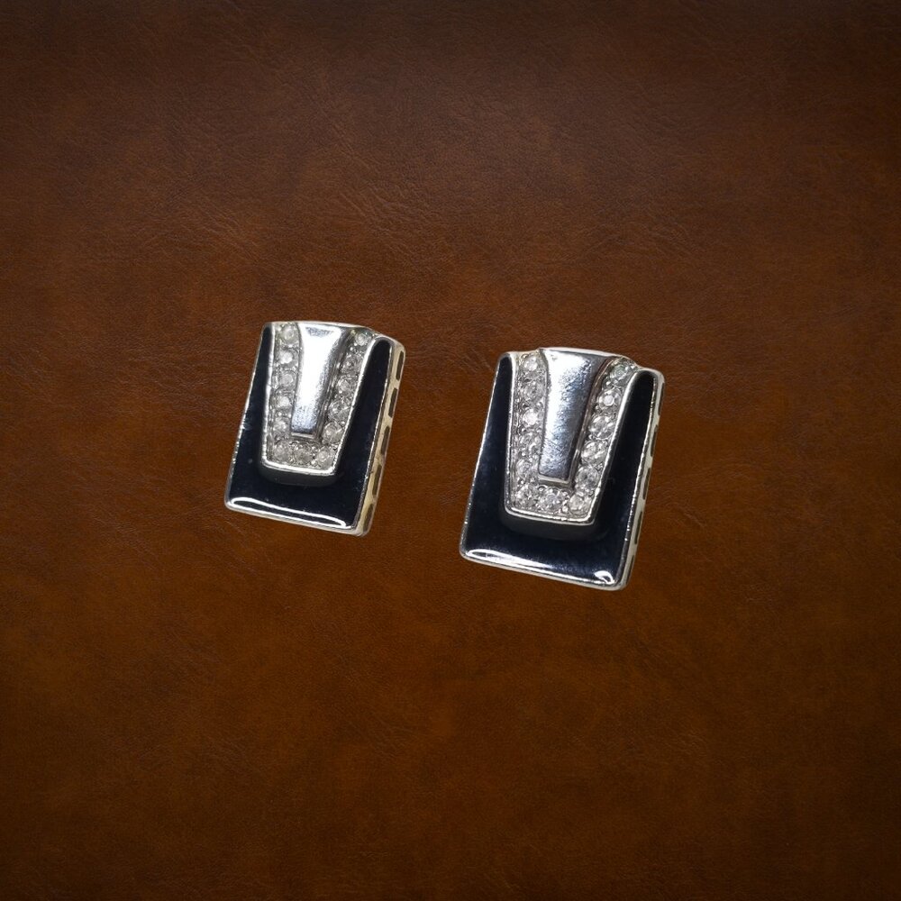 1980s Piscitelli Art Deco Clip-on Earrings - Black Enamel, Crystal